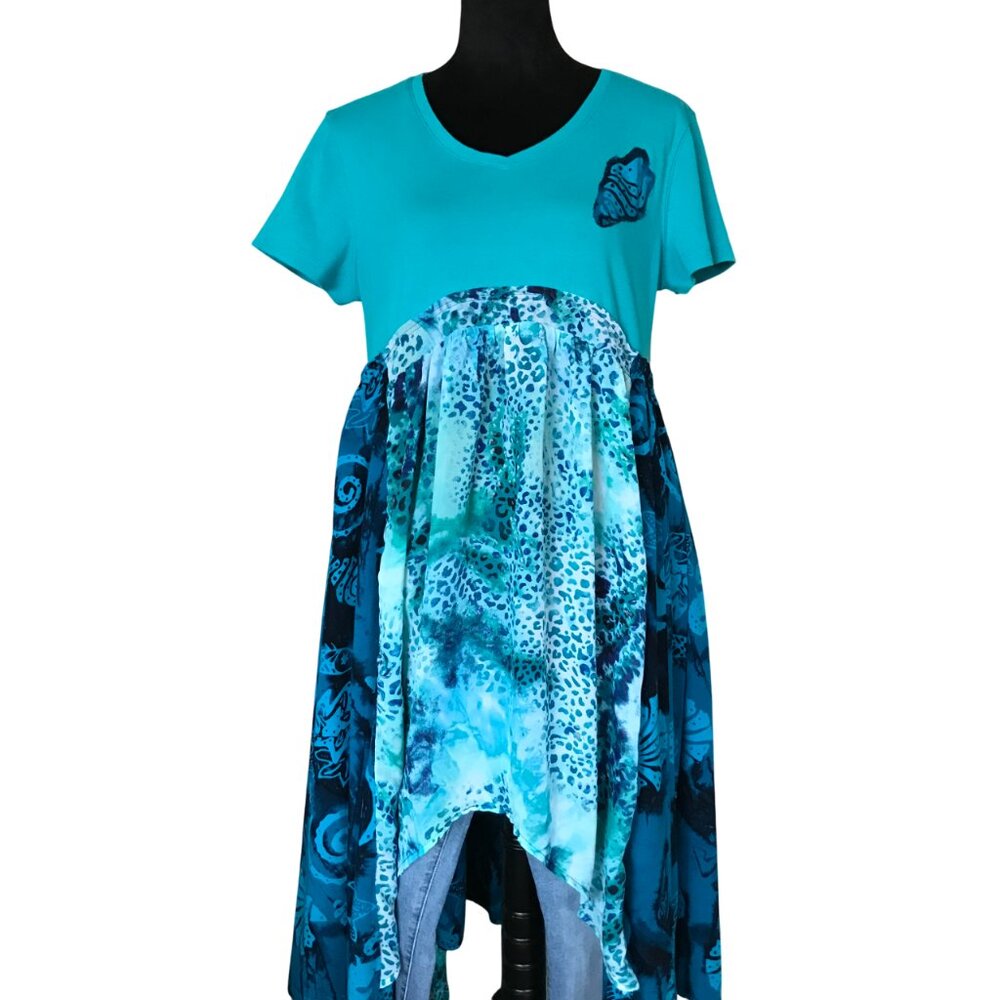 Boho Patchwork Midi Sundress Teal Blue Ocean Print Beach Dress Size M - L